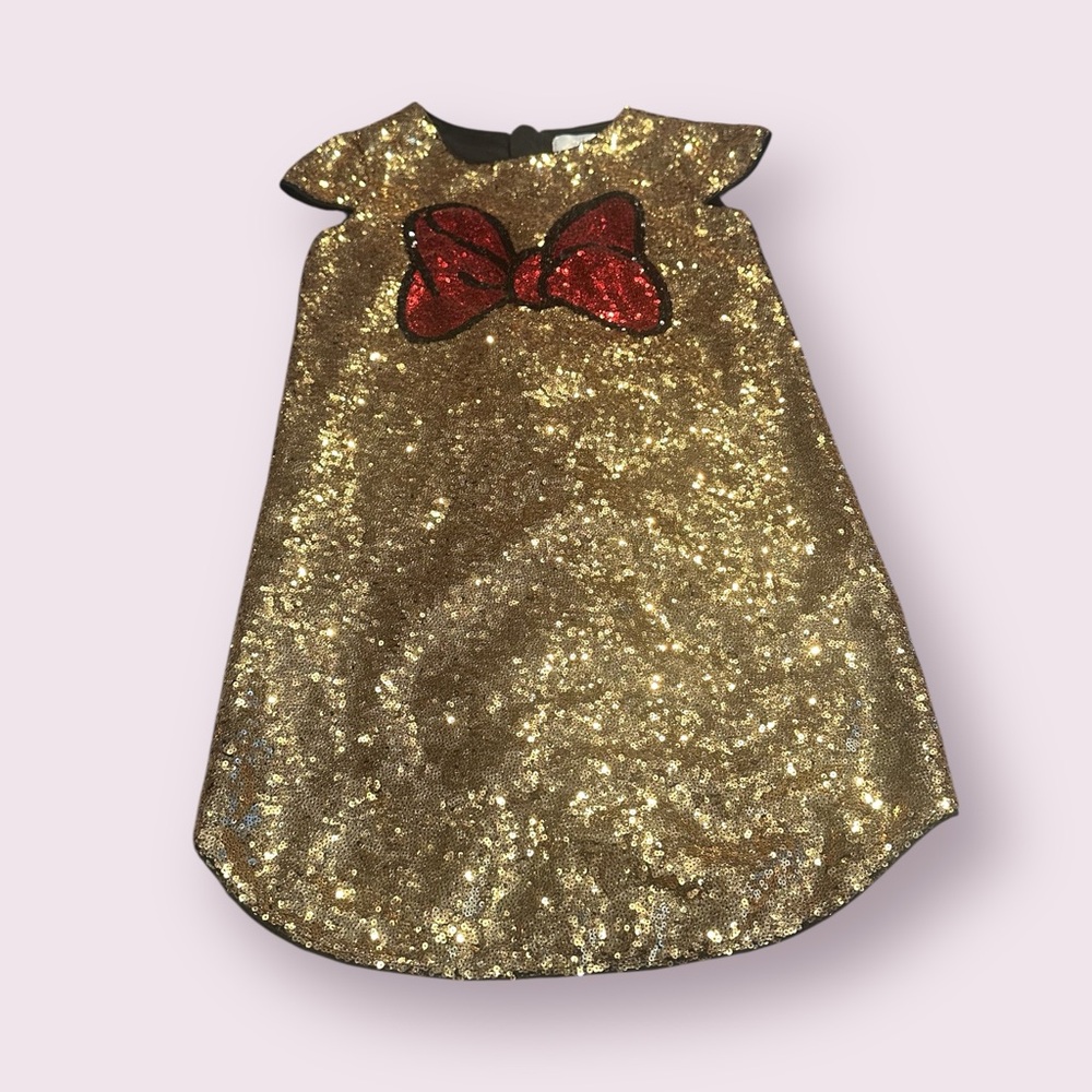 Girls Disney Gold Sequin Fabric Minnie Mouse Bow Dress Size 7-8